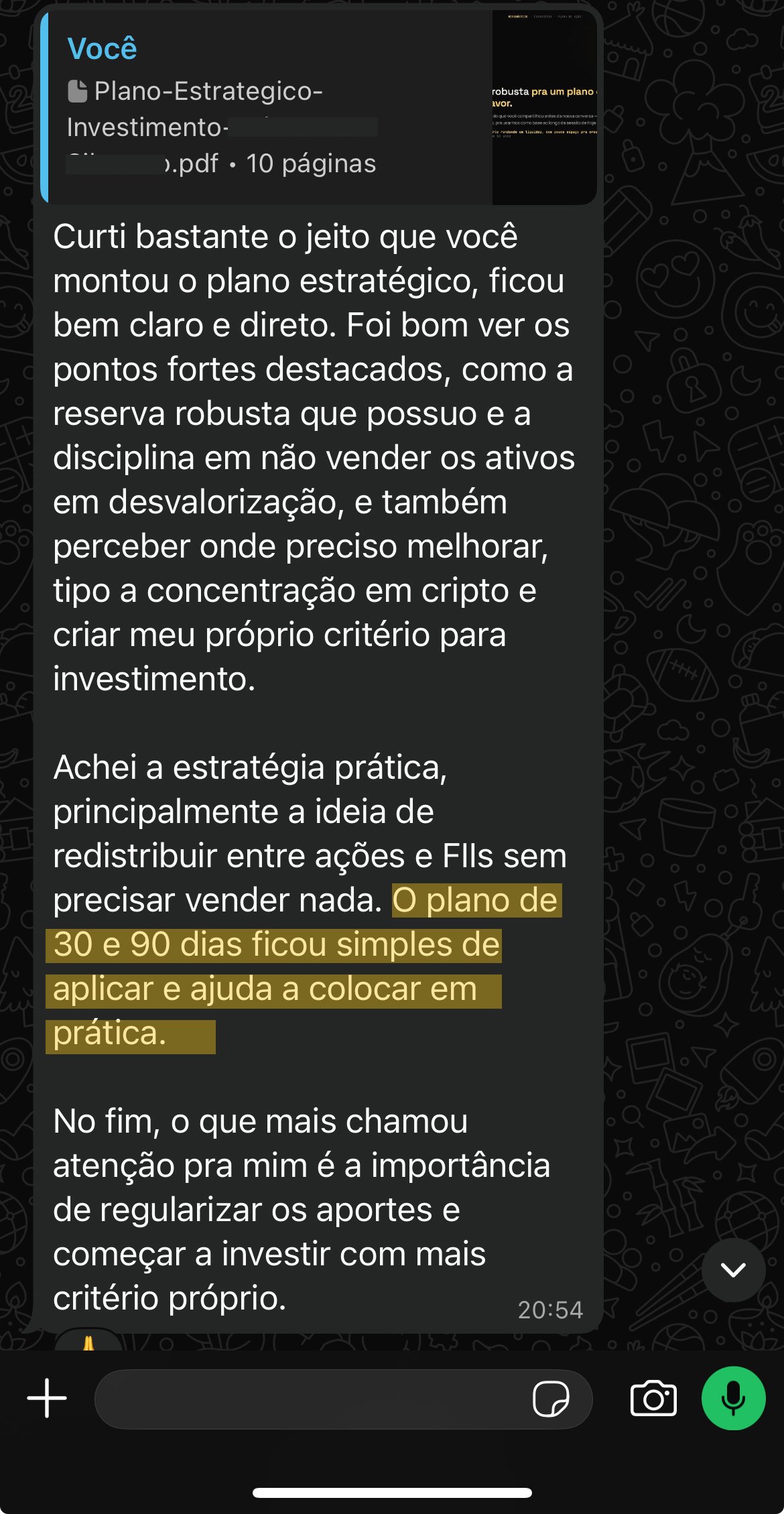 Relato de cliente após a sessão